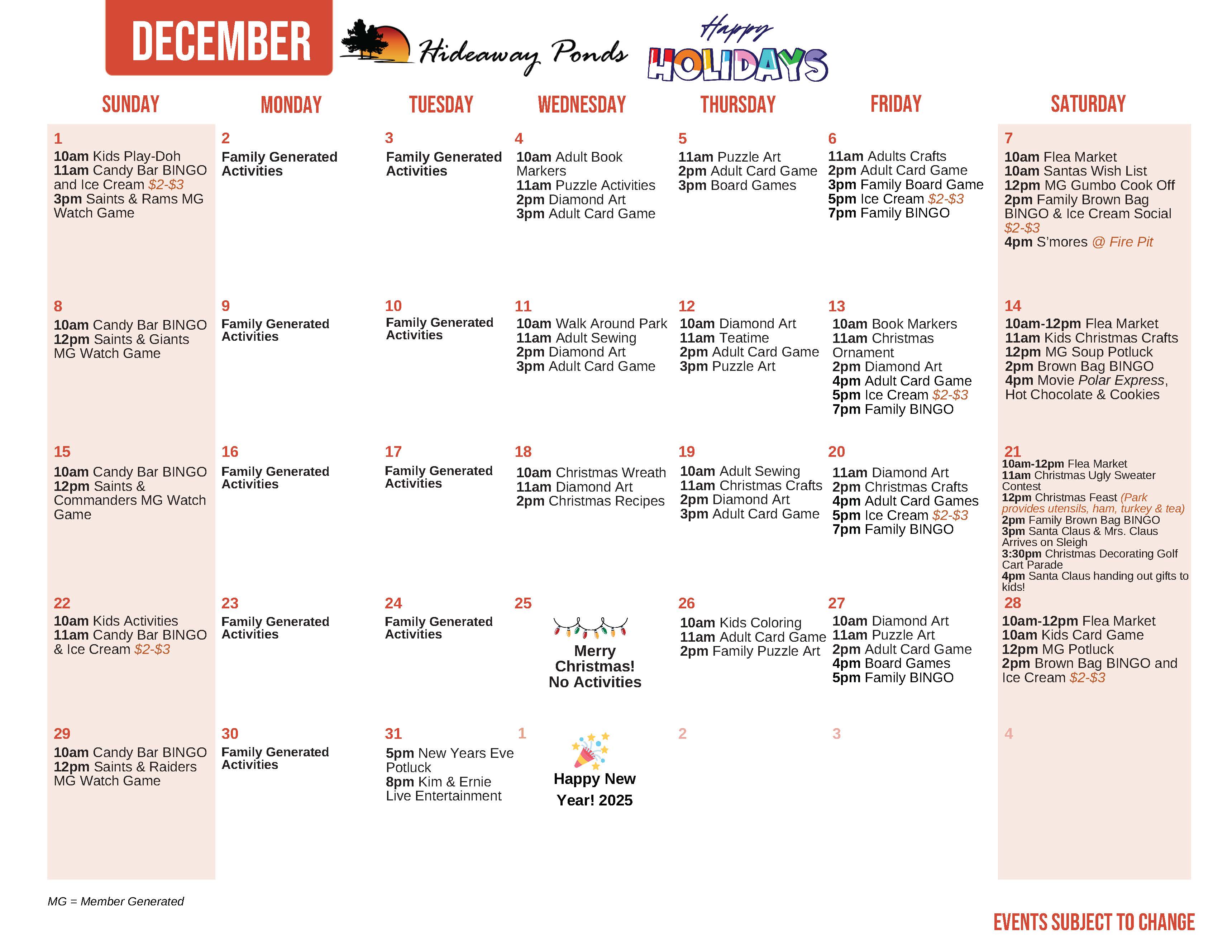 Hideaway Ponds December's Activity Calendar