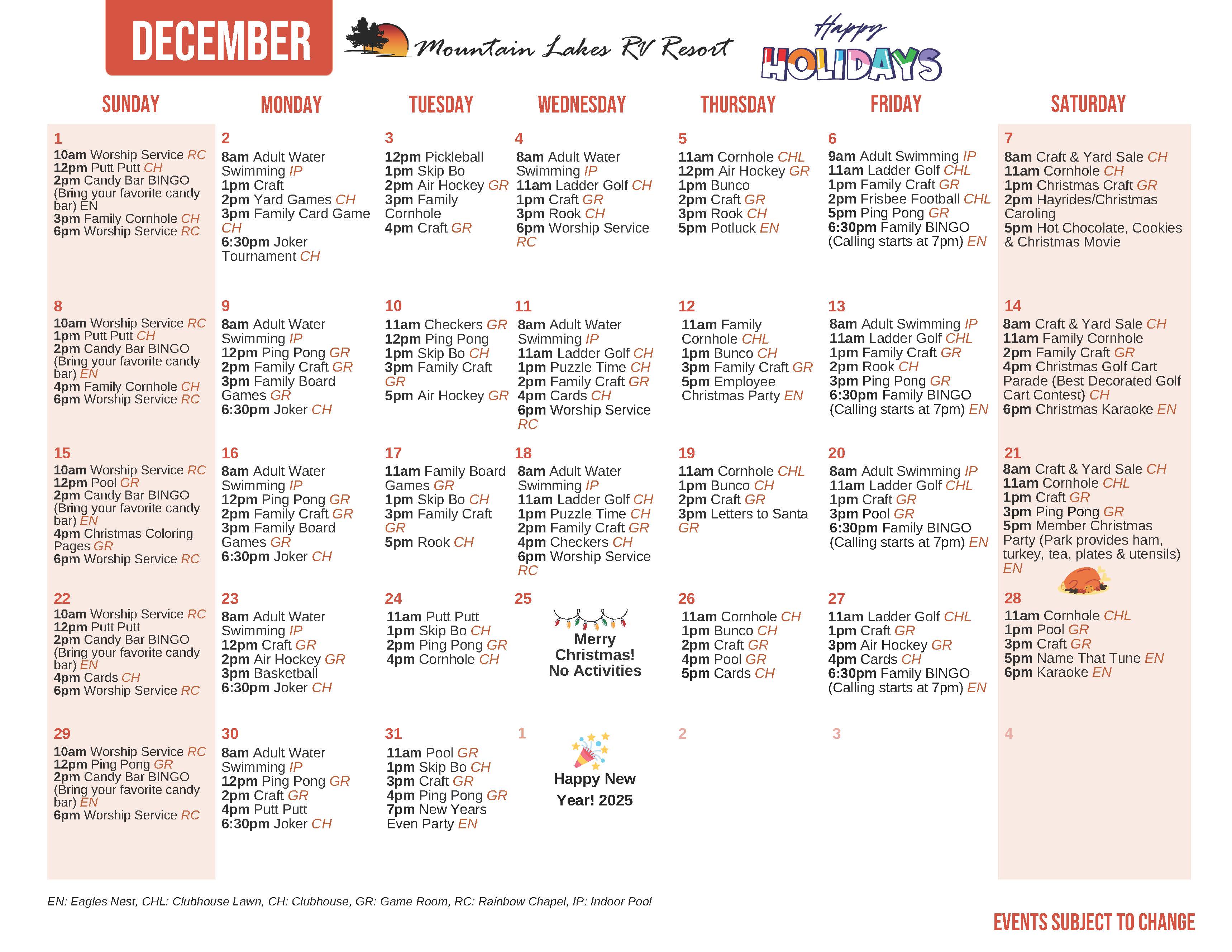 Mountain Lakes December's Activity Calendar