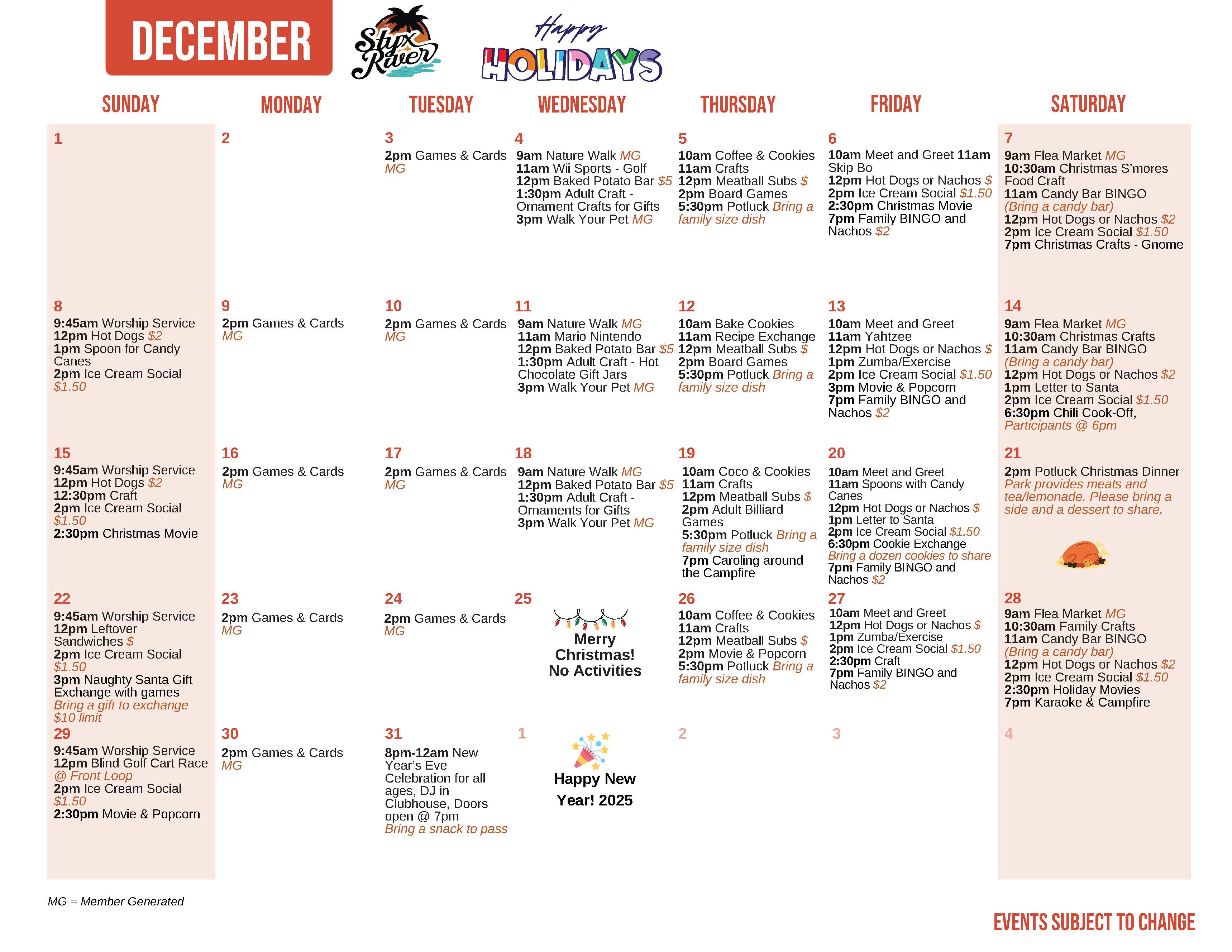 Styx River December's Activity Calendar