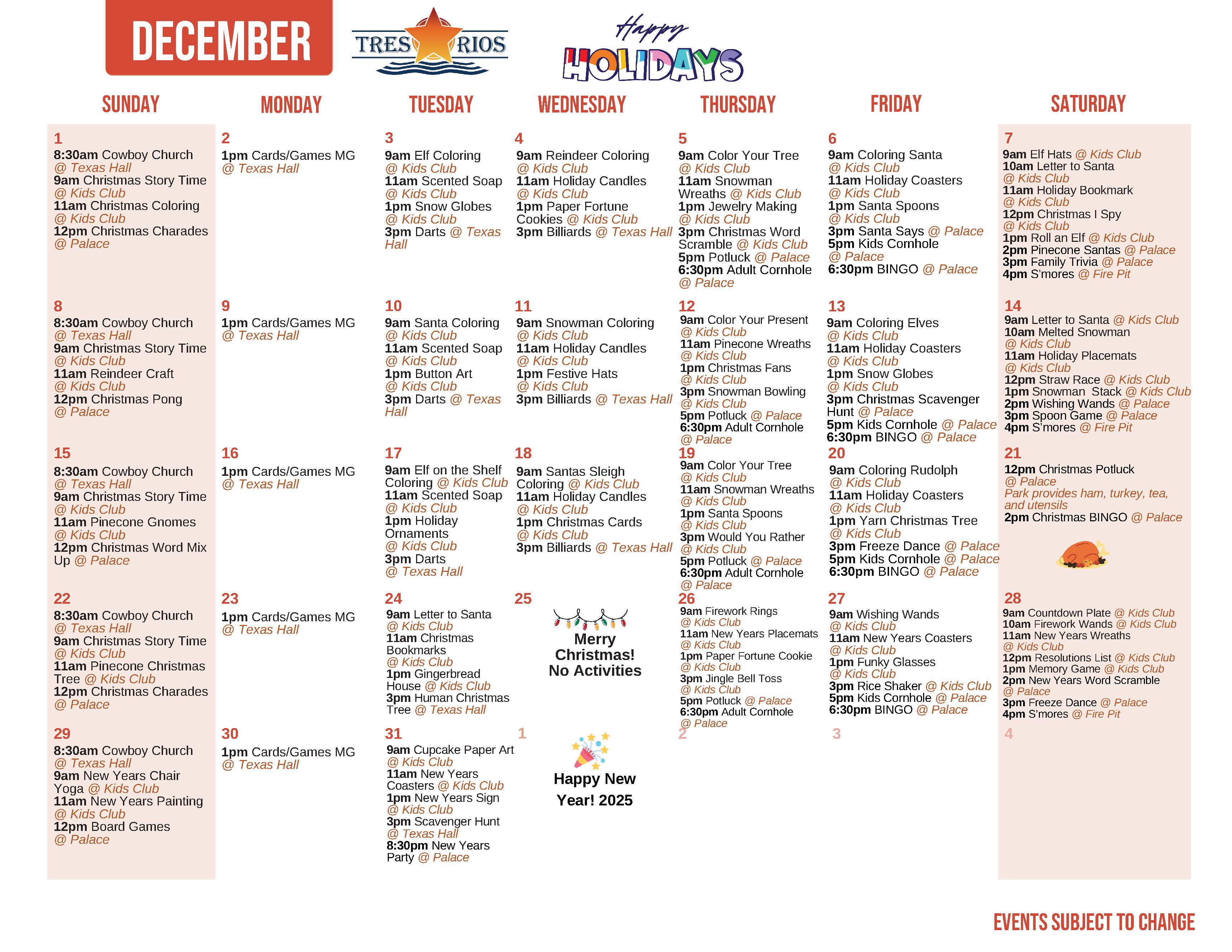 Tres Rios December's Activity Calendar